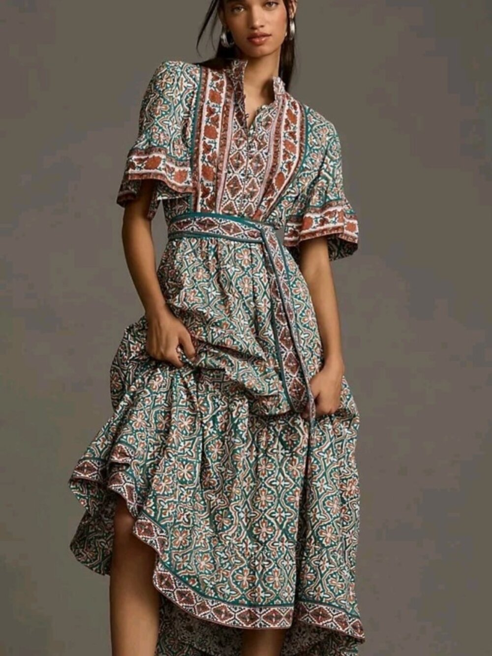 Sue Sartor Anthropologie Hamilton Kaftan Maxi Dress Tiered Flouncy Belt Size XS - Picture 9 of 10